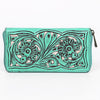 ADBGZ810 Hand-Tooled Leather Wallet - Western Floral Zip Wallet with Inlay