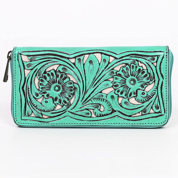 ADBGZ810 Hand-Tooled Leather Wallet - Western Floral Zip Wallet with Inlay