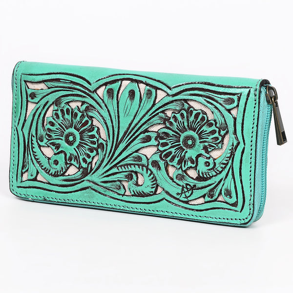 ADBGZ810 Hand-Tooled Leather Wallet - Western Floral Zip Wallet with Inlay