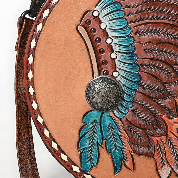 ADBG1740 American Darling Western Leather Canteen Bag with Hand Tooled Headdress & Buck Stitched Detail
