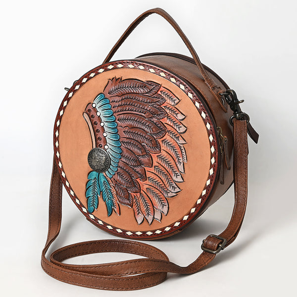 ADBG1740 American Darling Western Leather Canteen Bag with Hand Tooled Headdress & Buck Stitched Detail