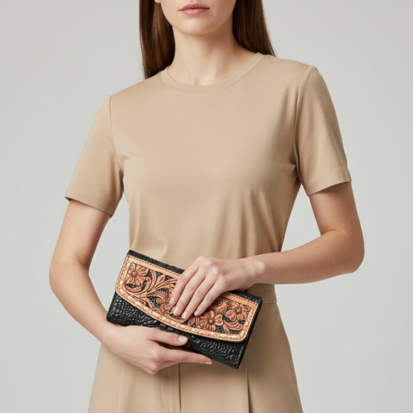 ADBG1745 Tooled Leather Floral Wallet Black Croc Embossed Base with Tan Hand-Carved Overlay