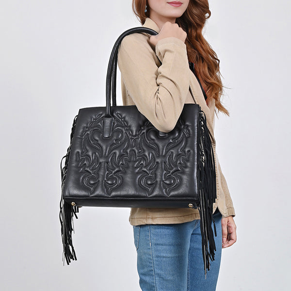 ADBGA801 Genuine Leather Western Embossed Boho Fringe Shoulder Tote Handbag