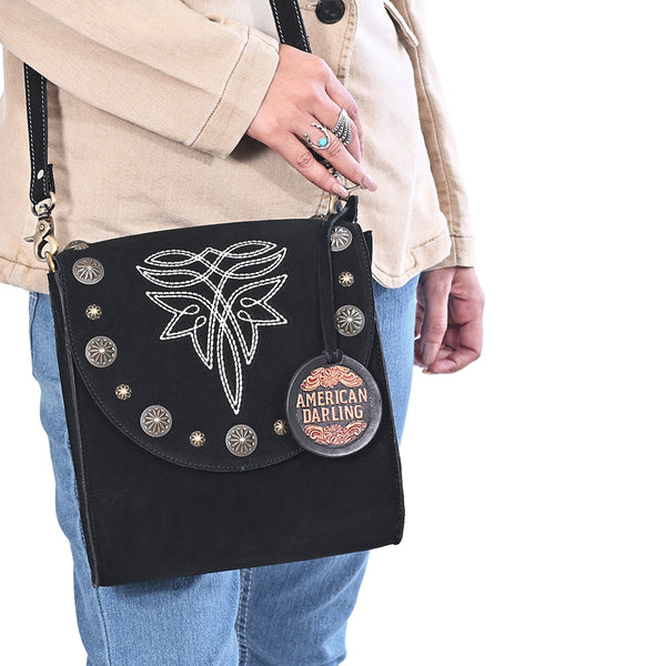 ADBGA803 American Darling Boot Stitched Suede Leather Cross body Bag with Concho