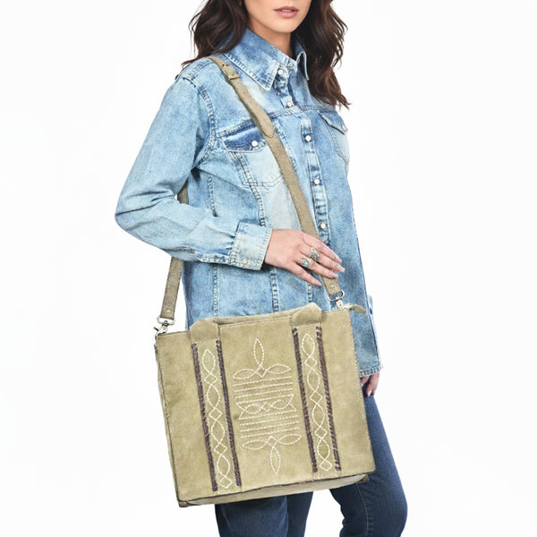 ADBGA607 American Darling Boot Stitched Braided Genuine Suede Leather Tote Bag