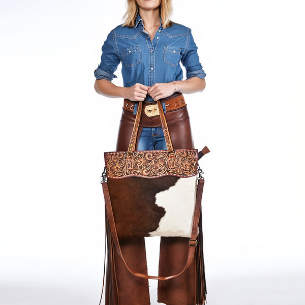 ADBG1748 American Darling Hand Tooled Floral Leather Tote Bag with Hair-On Cowhide and Fringes