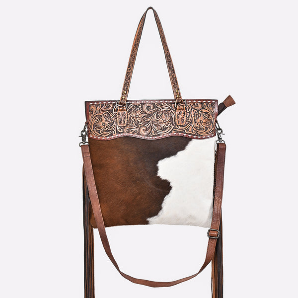 ADBG1748 American Darling Hand Tooled Floral Leather Tote Bag with Hair-On Cowhide and Fringes