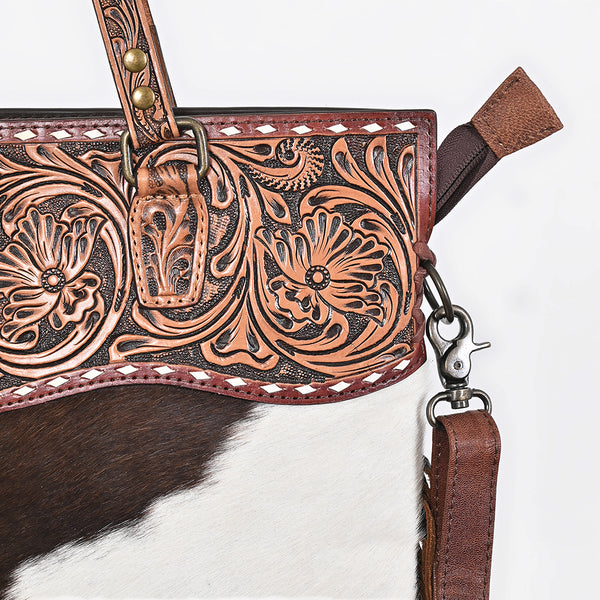ADBG1748 American Darling Hand Tooled Floral Leather Tote Bag with Hair-On Cowhide and Fringes