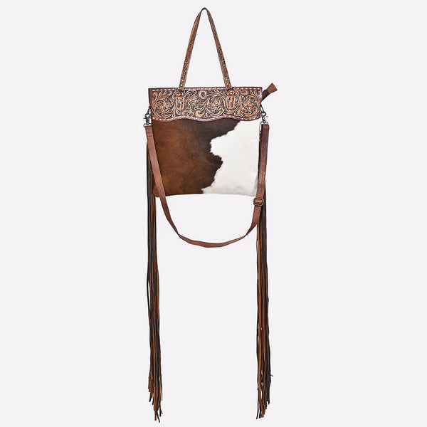 ADBG1748 American Darling Hand Tooled Floral Leather Tote Bag with Hair-On Cowhide and Fringes