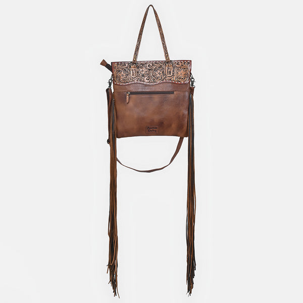 ADBG1748 American Darling Hand Tooled Floral Leather Tote Bag with Hair-On Cowhide and Fringes