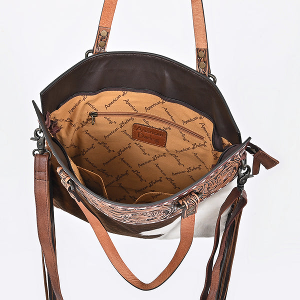 ADBG1748 American Darling Hand Tooled Floral Leather Tote Bag with Hair-On Cowhide and Fringes