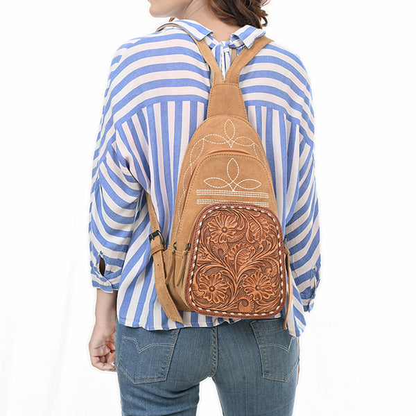ADBG1573 American Darling Genuine Suede Leather Sling Bag with Hand Tooled Floral Front & Buck Stitch Details