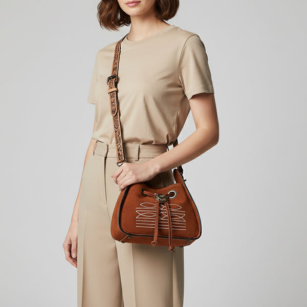 ADBG1749 American Darling Hand Tooled Floral Genuine Suede Crossbody Bag with Boot Stitch and Concho