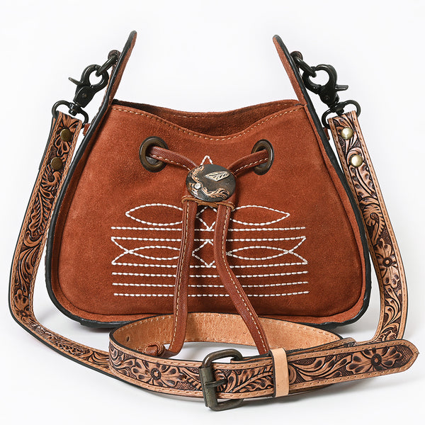 ADBG1749 American Darling Hand Tooled Floral Genuine Suede Crossbody Bag with Boot Stitch and Concho