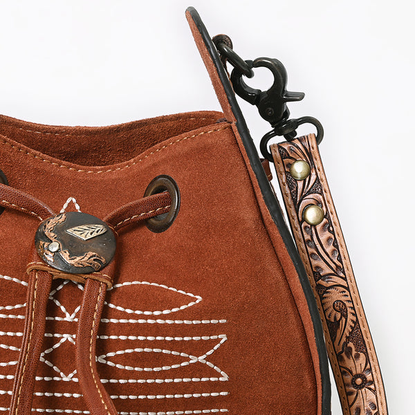 ADBG1749 American Darling Hand Tooled Floral Genuine Suede Crossbody Bag with Boot Stitch and Concho