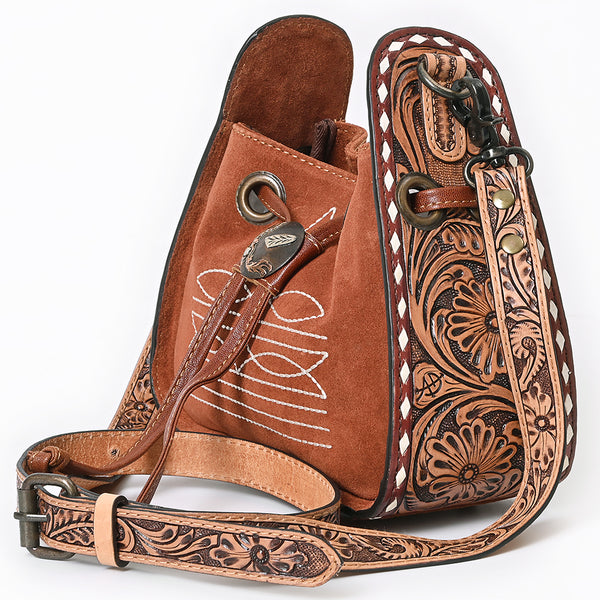 ADBG1749 American Darling Hand Tooled Floral Genuine Suede Crossbody Bag with Boot Stitch and Concho