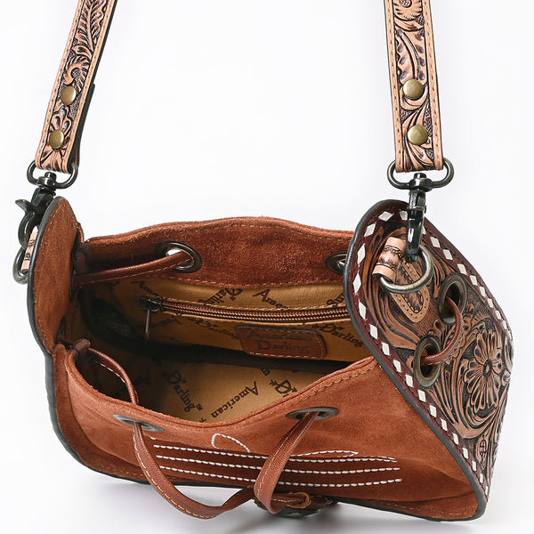 ADBG1749 American Darling Hand Tooled Floral Genuine Suede Crossbody Bag with Boot Stitch and Concho