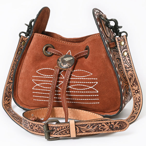 ADBG1749 American Darling Hand Tooled Floral Genuine Suede Crossbody Bag with Boot Stitch and Concho