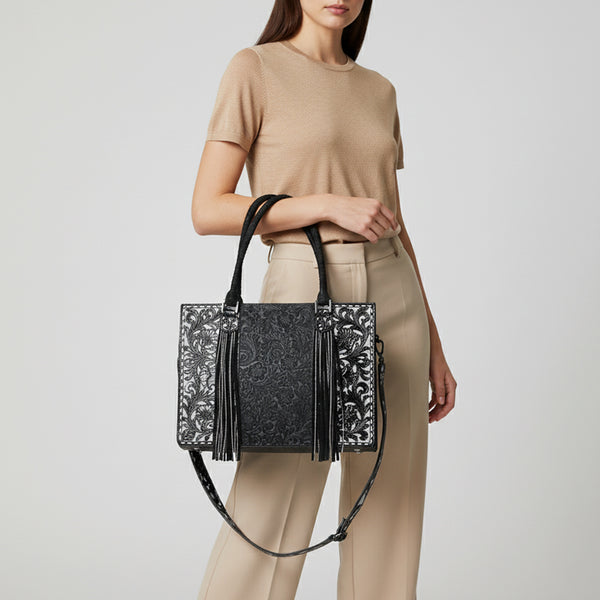 ADBG1753 American Darling Hand Tooled Floral Leather Tote Bag with Damascus Accents and Fringes