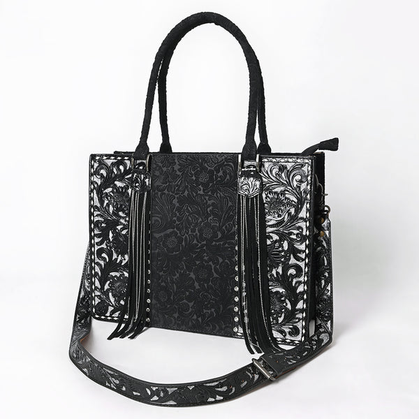 ADBG1753 American Darling Hand Tooled Floral Leather Tote Bag with Damascus Accents and Fringes