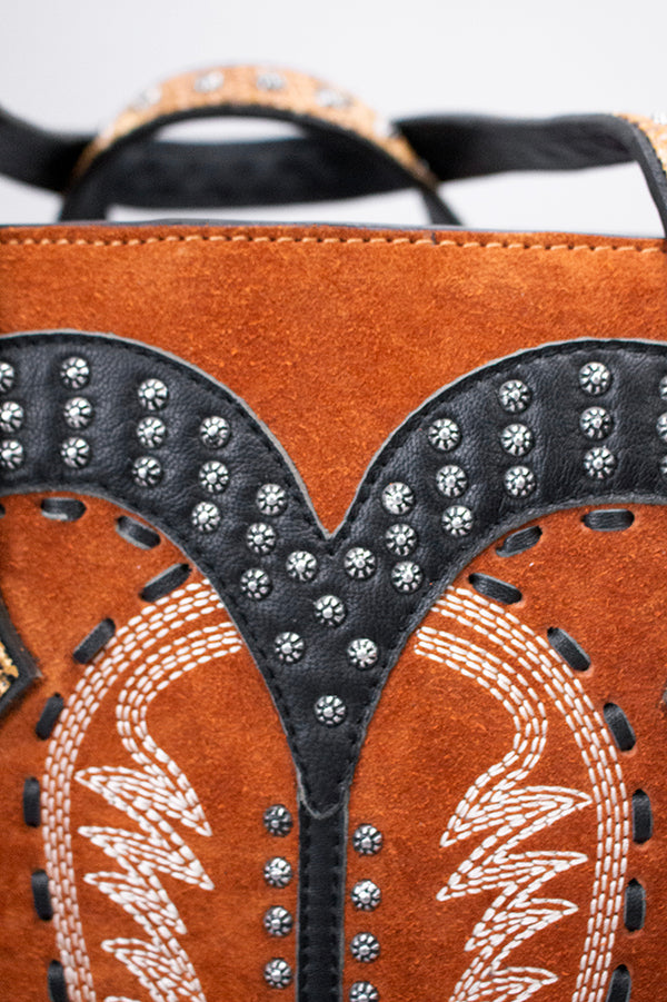 ADBG1756 American Darling Western Genuine Suede Tote Bag with Boot Stitching and Rivet Accents