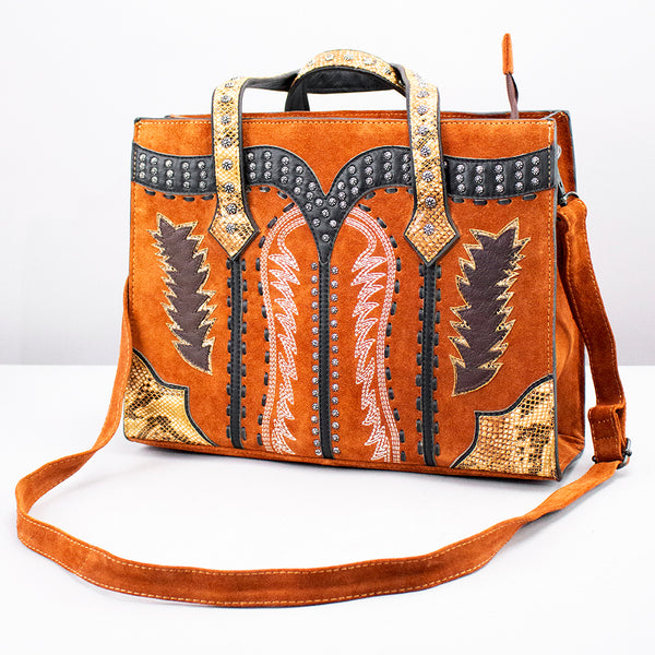 ADBG1756 American Darling Western Genuine Suede Tote Bag with Boot Stitching and Rivet Accents