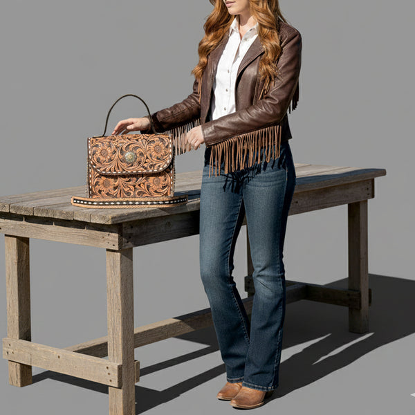 ADBGA822 American Darling Hand Tooled Genuine Leather Messenger Bag Buck Stitched
