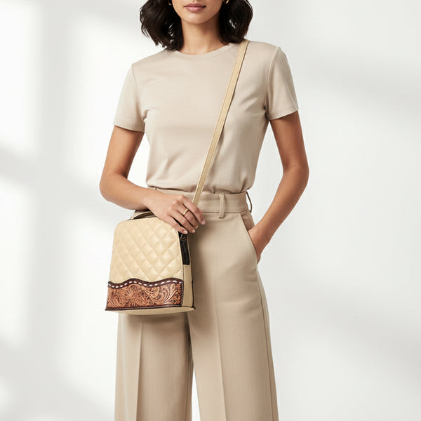 ADBG1679 American Darling Quilted Leather Crossbody | Hand-Tooled Floral Accent Bag