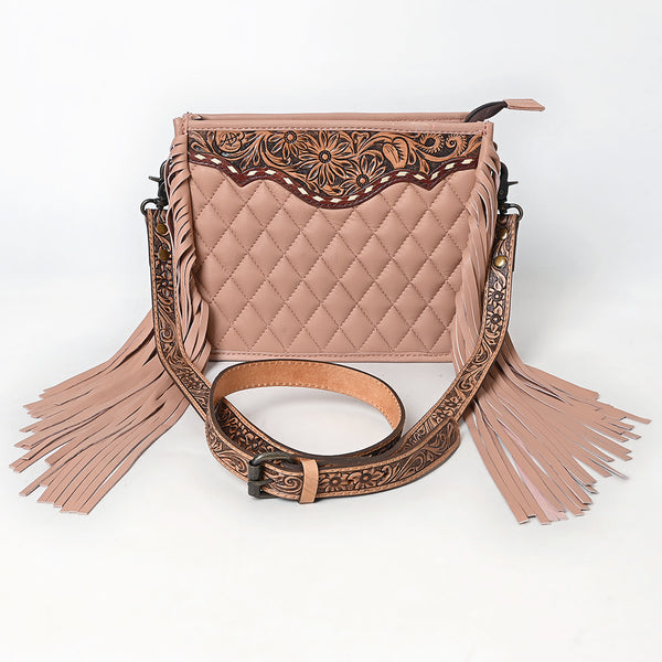 ADBG1664 American Darling Quilted Genuine Leather Crossbody Bag with Hand-Tooled Details and Fringes