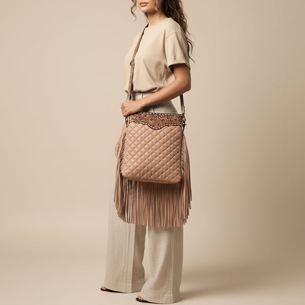 ADBG1682 American Darling Large Quilted Crossbody | Hand-Tooled Leather Fringe Bag