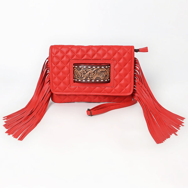 ADBG1665 American Darling Quilted Genuine Leather Crossbody Bag with Fringe and Hand-Tooled Panel