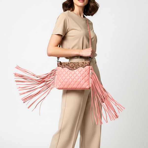 ADBG1683 American Darling Quilted Leather Crossbody | Tooled Flap Fringe Purse