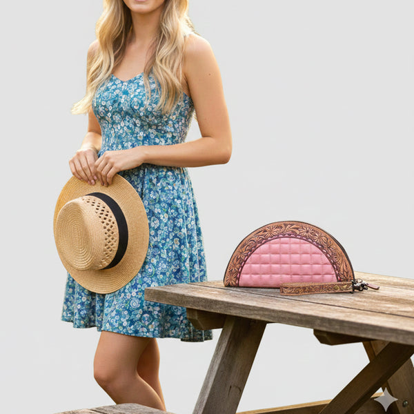 ADBG1666A American Darling Western Leather Taco Bag with Hand-Tooled Details and Quilted Design