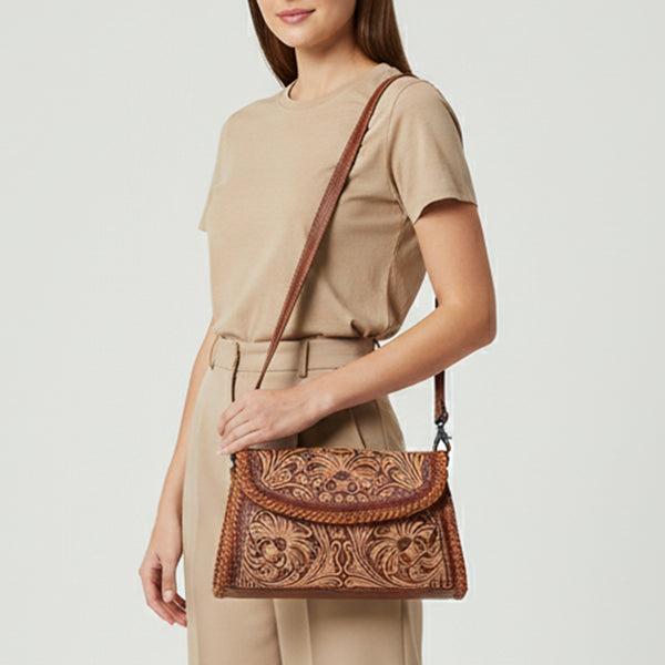 ADBG1771 American Darling Western Hand Tooled Floral Carved Small Cross body Bag in Genuine Leather