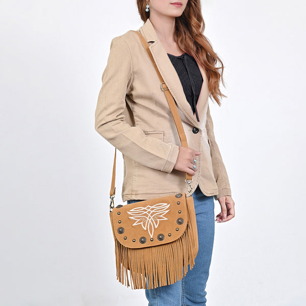 ADBGA836 American Darling Genuine Suede Leather Fringe Cross body Bag with Embroidery
