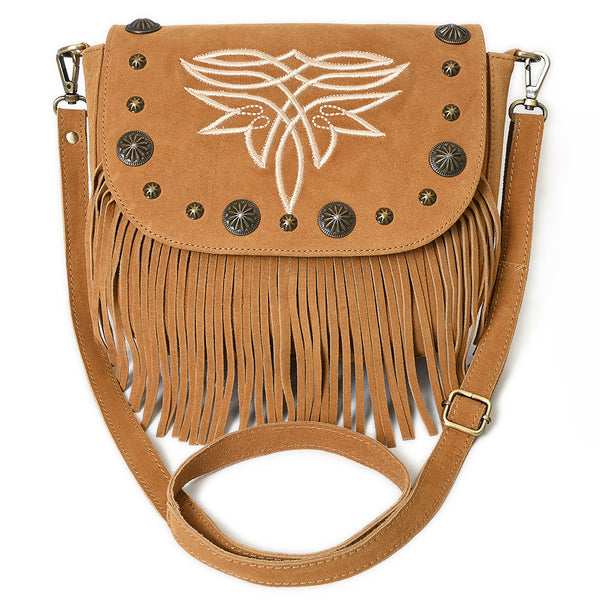 ADBGA836 American Darling Genuine Suede Leather Fringe Cross body Bag with Embroidery