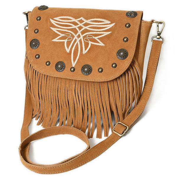 ADBGA836 American Darling Genuine Suede Leather Fringe Cross body Bag with Embroidery