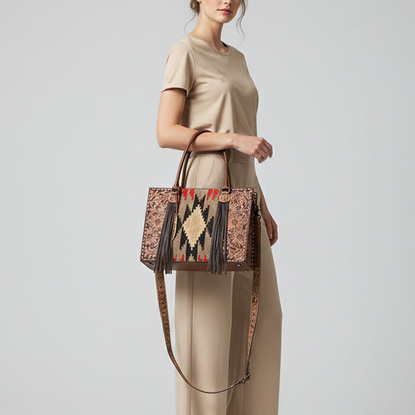 ADBG1783 American Darling Hand-Tooled Floral Tote Bag - Woven Saddle Blanket Western Leather Purse
