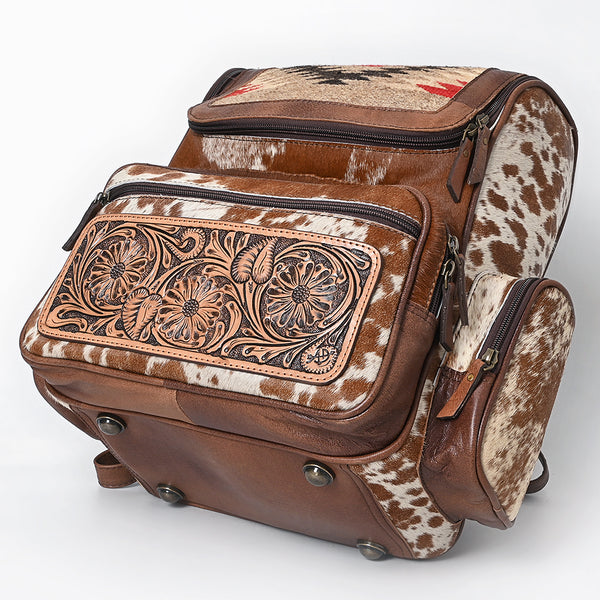 ADBG1787 American Darling Hand Tooled Floral Backpack Bag - Woven Saddle Blanket & Cowhide Western Bag
