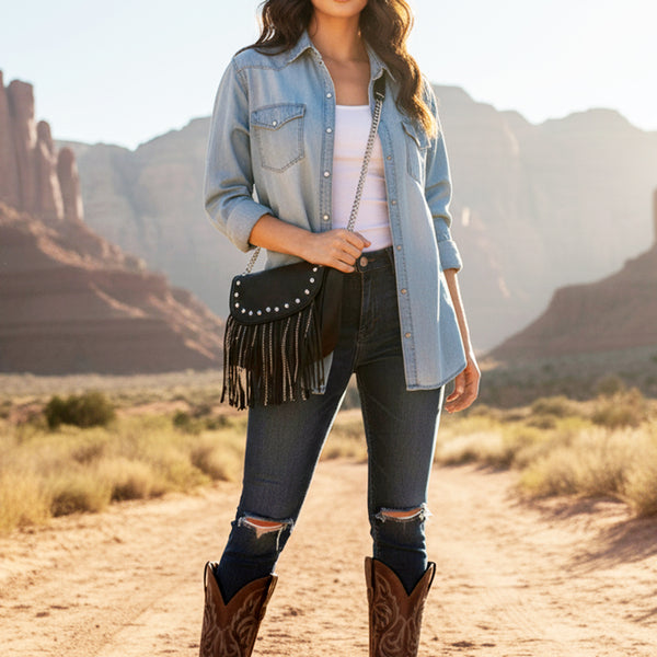 ADBGM749 American Darling Riveted Leather Small Cross body Bag with Western Fringes
