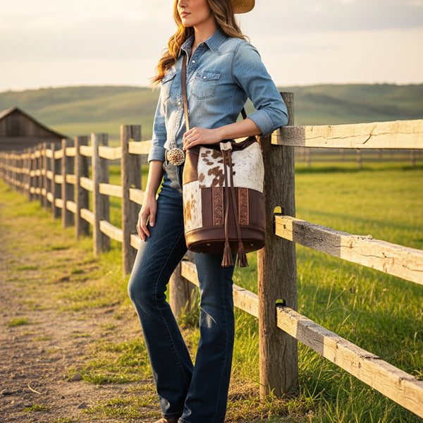 ADBGM754 Bucket Hand tooled Hair-On Genuine Western Leather Women Bag