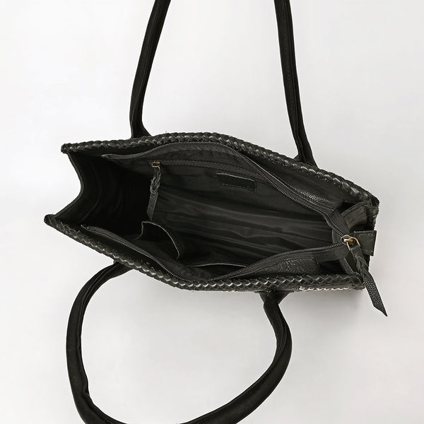 ADBGM762 Western Tote Bag - Black Leather with White Embroidery, Stud Accents & Braided Whipstitch Trim