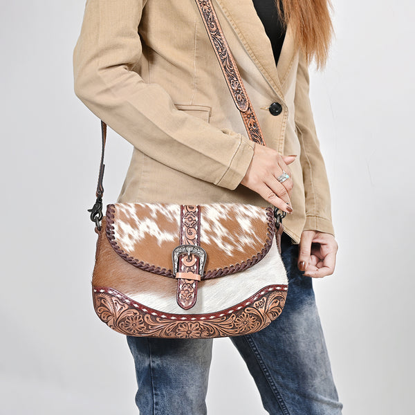 ADBG1806 American Darling Hand Tooled Floral & Cowhide Small Cross Body Bag