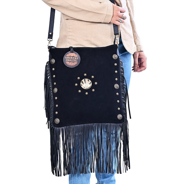 ADBGA879 American Darling Western Suede Large Cross body Bag with Fringes and Concho