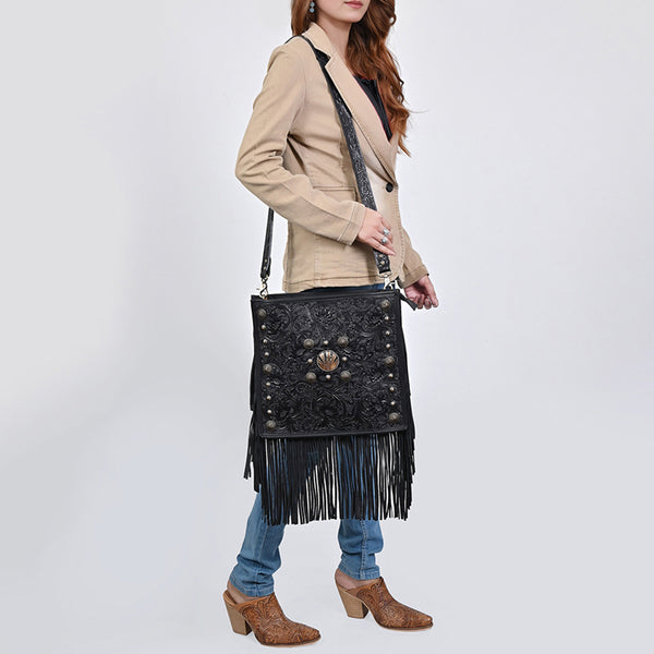 ADBGA881 American Darling Hand Tooled Fringed Genuine Leather Cross body Bag