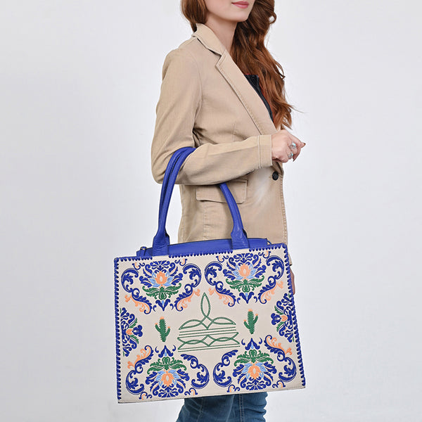 ADBGA885 American Darling Western Embroidered Leather Tote Bag - Blue Accents & Handcrafted Detail