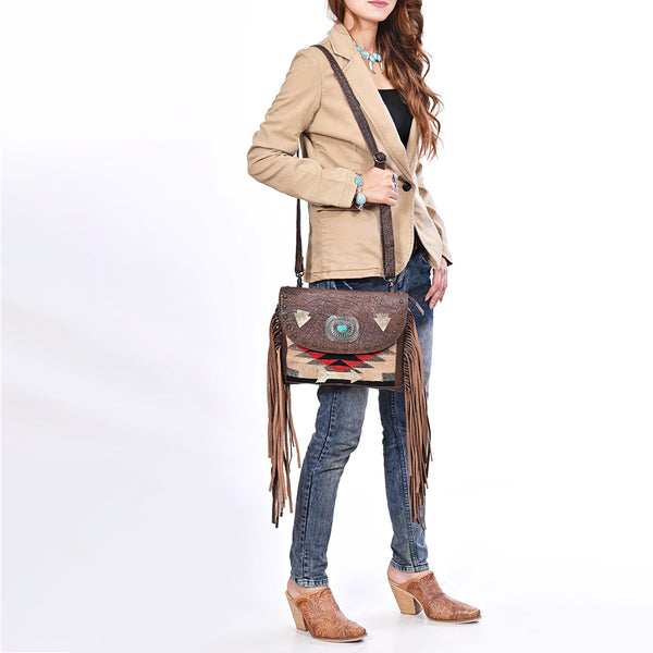 ADBG1810 American Darling Hand Woven Saddle Blanket & Fringed Leather Western Cross body Bag