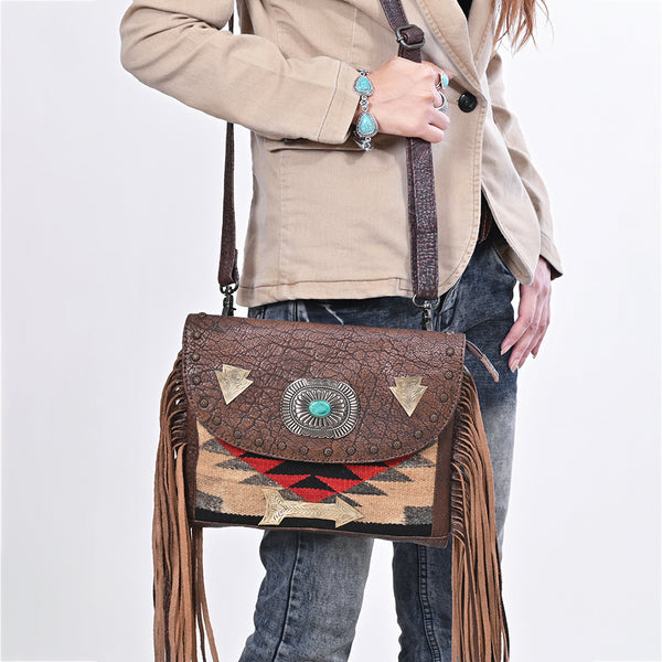 ADBG1810 American Darling Hand Woven Saddle Blanket & Fringed Leather Western Cross body Bag
