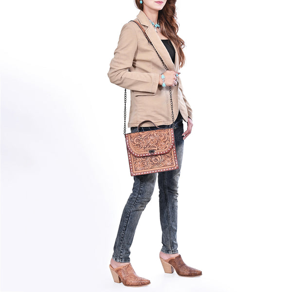 ADBG1815 American Darling Hand Tooled Floral Carved Leather Western Cross body Bag
