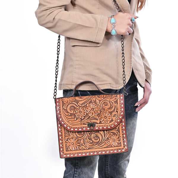 ADBG1815 American Darling Hand Tooled Floral Carved Leather Western Cross body Bag